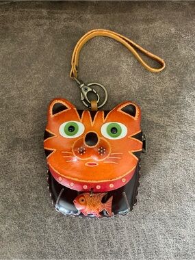Hand tooled Leather Cat Wristlet Coin Purse